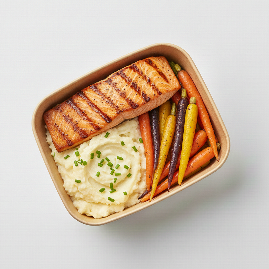 Grilled Salmon with Cauliflower Mash and Rainbow Carrots